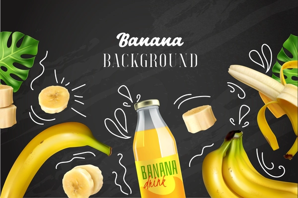 Banana colored background with realistic images of whole and chopped fruit and bottle with drink on chalkboard vector illustration