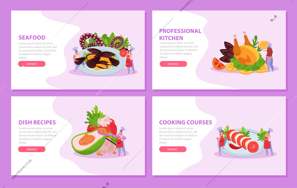 Professional kitchen flat 4x1 set of horizontal banners with gourmet dishes cooking courses ad and text vector illustration