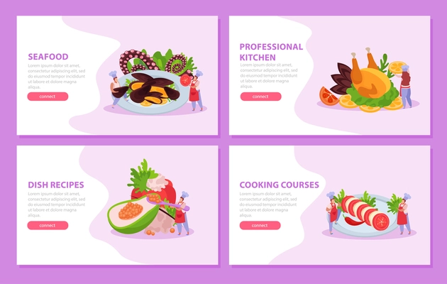 Professional kitchen flat 4x1 set of horizontal banners with gourmet dishes cooking courses ad and text vector illustration