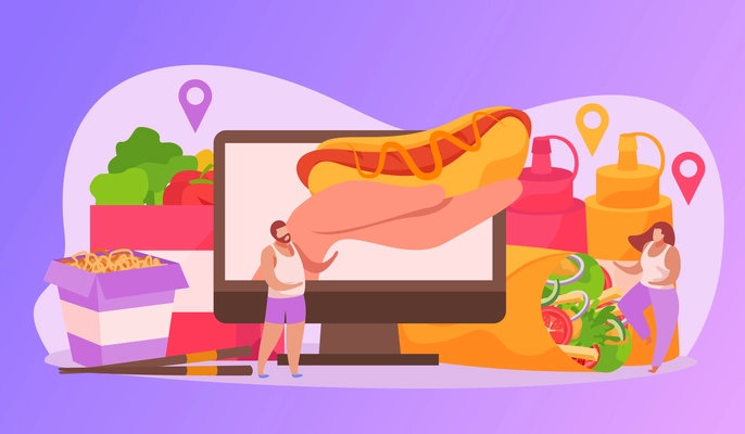 Food delivery flat composition of desktop computer and hand with hotdog bottles of sauce and people vector illustration