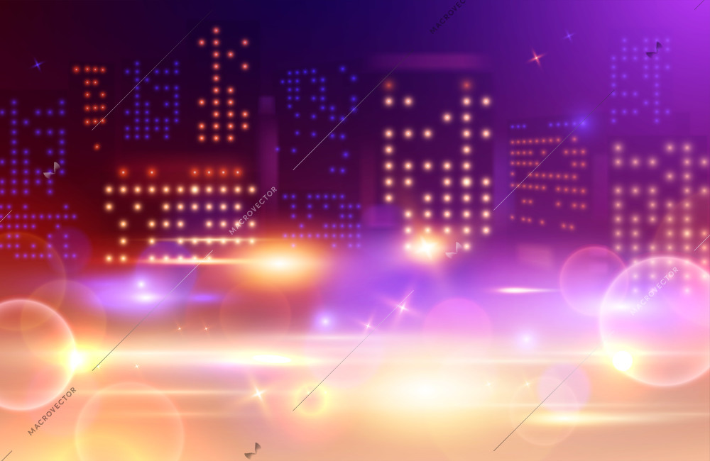 Night city lights composition with tall building windows of different colour and absract spots glowing blurs vector illustration