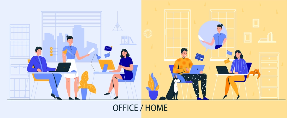 Office and freelance work poster with online work symbols flat vector illustration