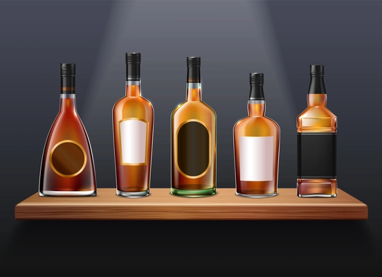 Brandy cognac whiskey set of realistic glass bottles of different shape on wooden shelf with labels vector illustration