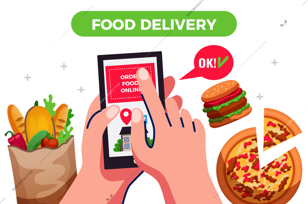 Food delivery design concept  with people hands holding smartphone  with app for ordering goods flat vector illustration