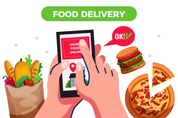 Food delivery design concept  with people hands holding smartphone  with app for ordering goods flat vector illustration