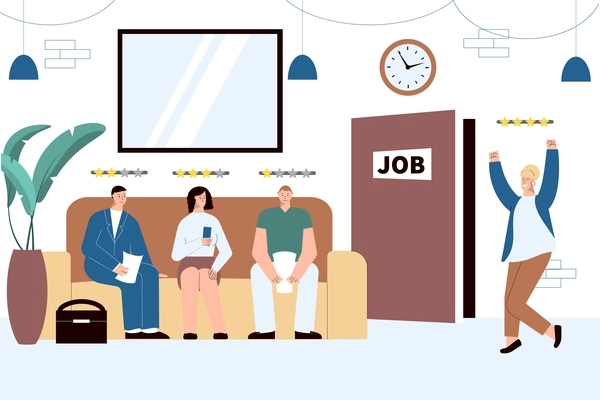 Hiring people composition with flat human characters of job candidates with rating pictograms and indoor scenery vector illustration