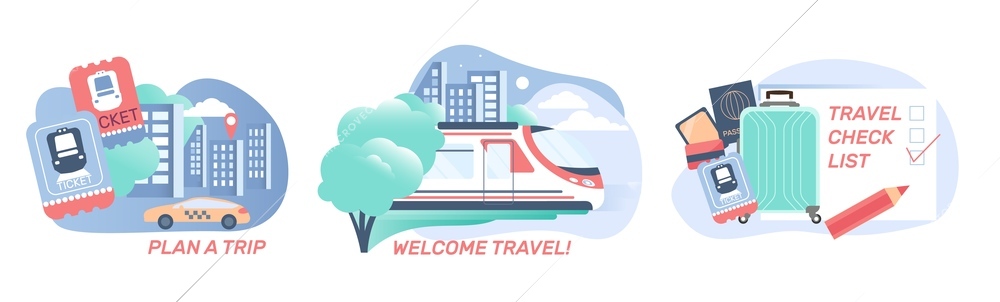 Railway station set of compositions with flat images of travel check list train tickets and text vector illustration