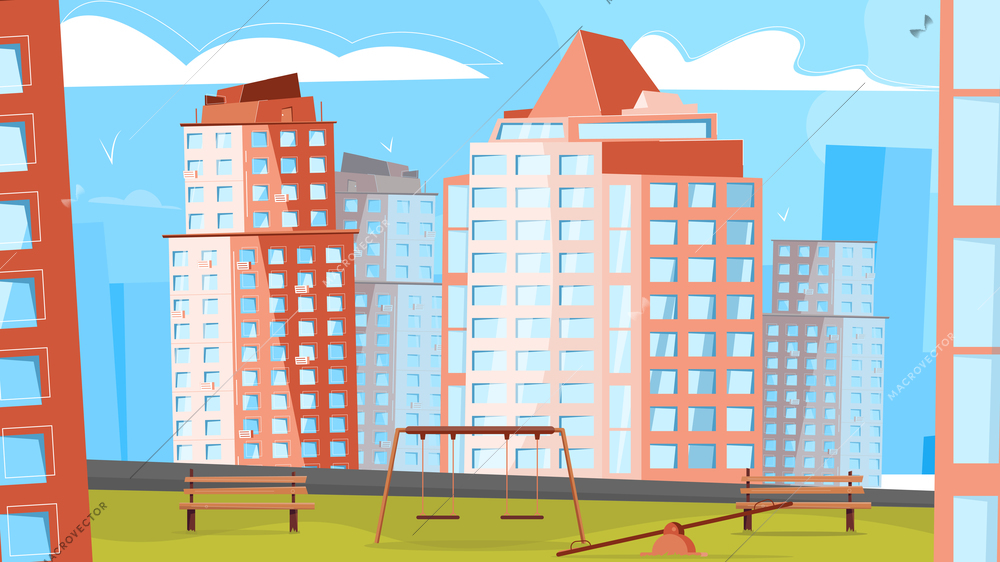 District of new buildings composition with landmarks new buildings skyscrapers residential complex vector illustration