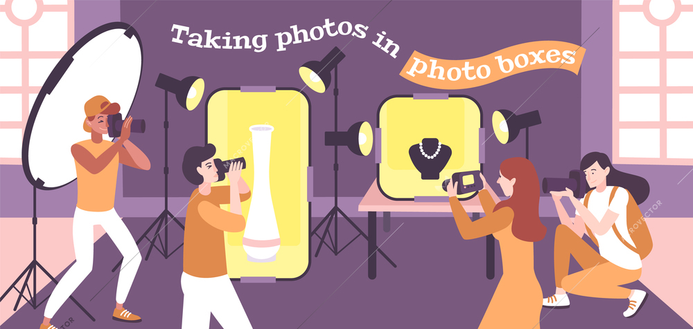 Photo school composition with flat human characters of photography class students with cameras and studio equipment vector illustration