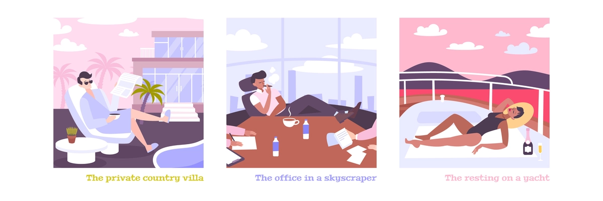 Rich people flat illustrations with millionaires on private country villa in skyscraper office resting on yacht isolated vector illustration