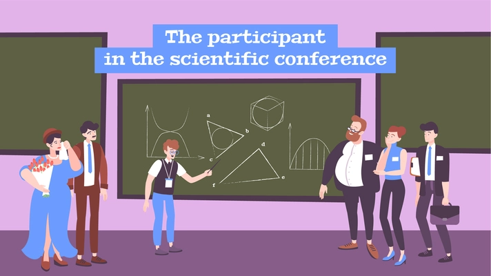 Scientific conference flat background with young participant   demonstrating presentation to audience vector illustration