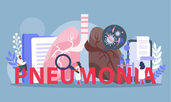 Lung inspection flat composition with images of lungs with medical lab equipment and characters of doctors vector illustration