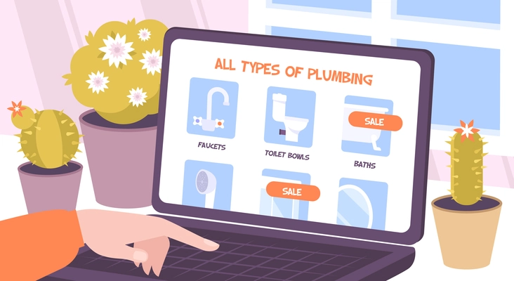 Plumbing store flat composition with image of laptop with sanitaryware shop website with images of goods vector illustration