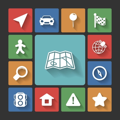 Navigation icons set, squared with long shadows isolated vector illustration