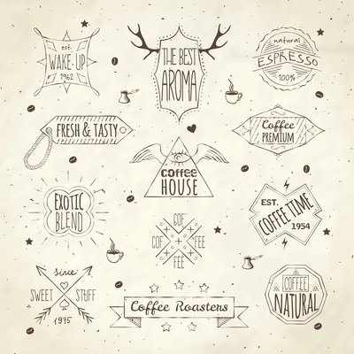 Best quality coffee house fresh espresso aroma retro emblems labels collection doodle sepia sketch isolated vector illustration