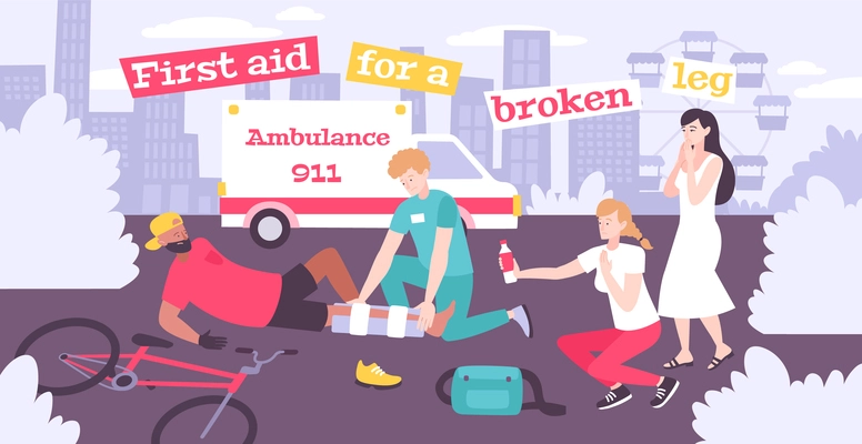 First aid fracture flat composition with outdoor scenery editable text ambulance and person with broken leg vector illustration