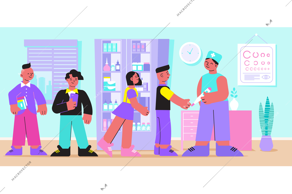 School doctor office providing medical care isometric composition with holding thermometer nurse measuring pupils temperature vector illustration