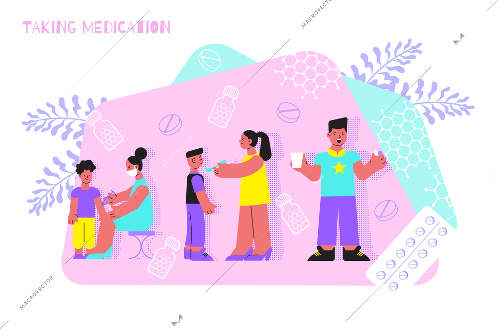 Taking medicine properly flat composition with drinking glass water with pills giving injection safely vector illustration