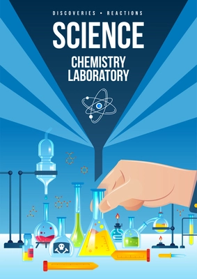 Science chemistry laboratory vertical poster with flasks tubes with colorful chemicals and other equipment flat vector illustration