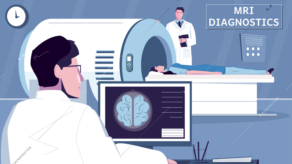 Mri examination flat composition with diagnostics office scenery and doctor characters with medical apparatus and patient vector illustration