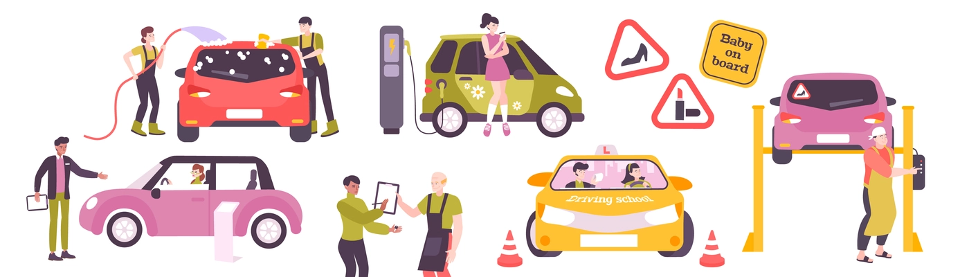 Woman driving set of isolated icons and flat images of car service wash and female drivers vector illustration