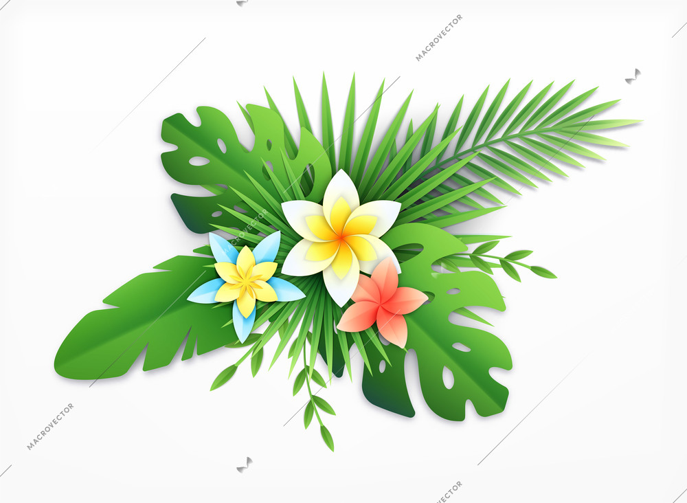 Paper tropical leaves flowers composition with paper crafted exotic blossom with colourful plants on blank background vector illustration