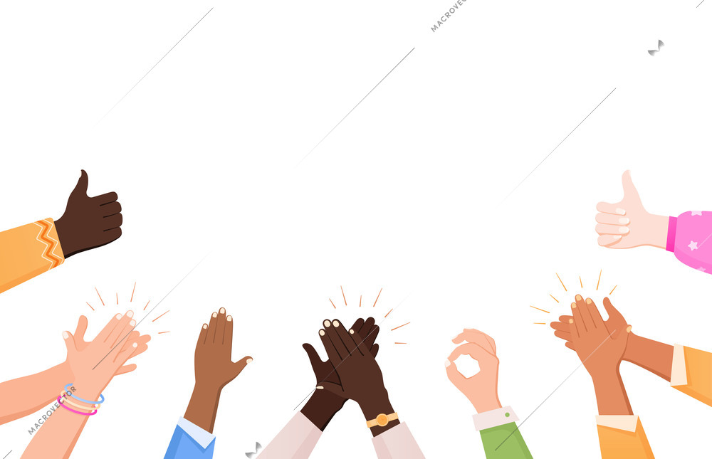 Clapping ok heart hands applause composition with flat human hand images making gestures and empty space vector illustration