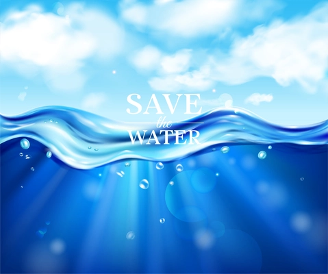 Save water realistic poster with ocean and sea symbols  vector illustration