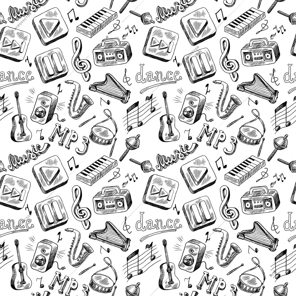 Music mp3 doodles icons seamless pattern in gray color vector illustration