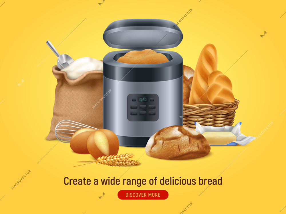 Realistic bread machine background with discover more button text and composition of home baked food images vector illustration