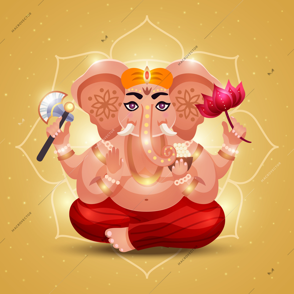 Elephant headed hindu god ganesha holding flower radiating light with outline mandala golden background poster vector illustration