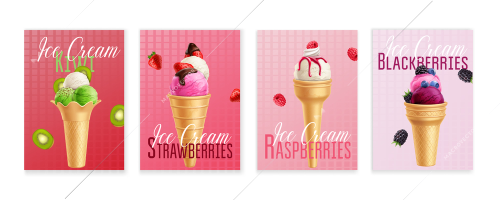 Raspberry kiwi strawberry blackberry sorbet ice-cream scoops in waffle cones 4 realistic advertising posters vector illustration