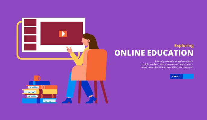 Woman exploring online education programs courses classes lessons tutorials flat horizontal violet background web banner vector illustration