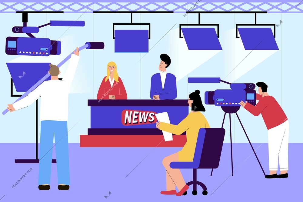 Tv news studio flat composition with indoor scenery and newscasters with camera operators and lighting equipment vector illustration