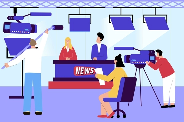 Tv news studio flat composition with indoor scenery and newscasters with camera operators and lighting equipment vector illustration