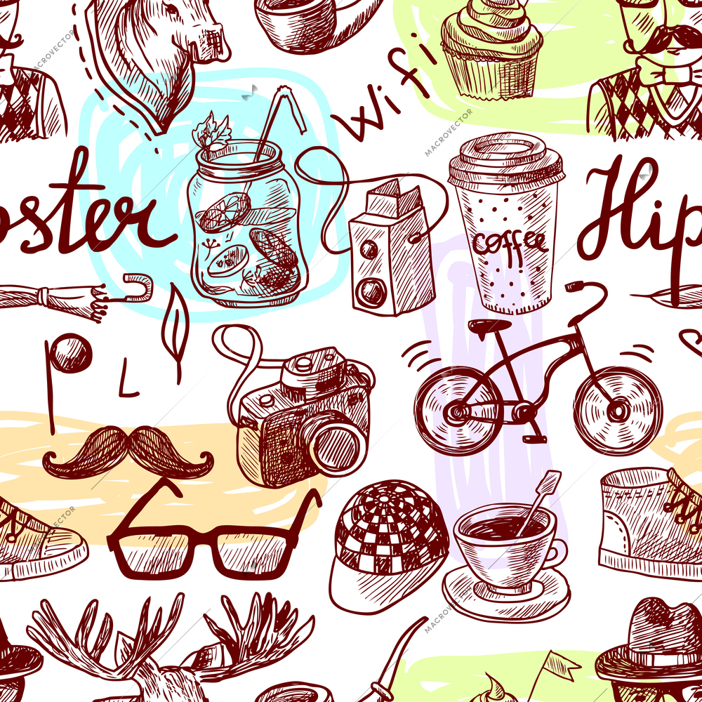 Hand drawn seamless background of hipster style elements vector illustration