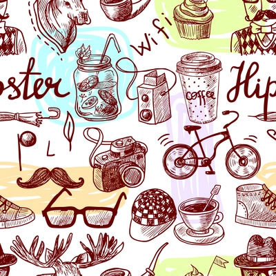 Hand drawn seamless background of hipster style elements vector illustration