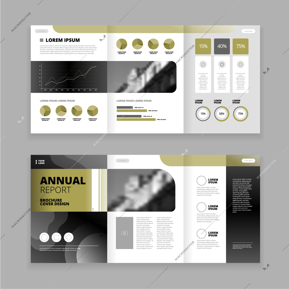 Flat trifold brochure design template for annual report with diagrams graphs text field isolated vector illustration