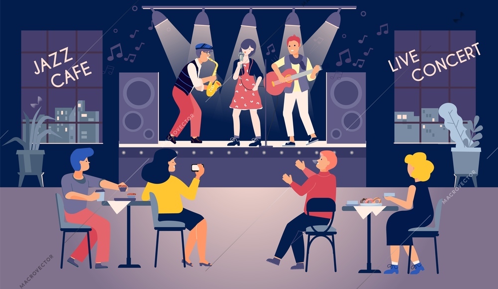 Music concert cafe flat composition with indoor view of restaurant with sitting listeners and live band vector illustration