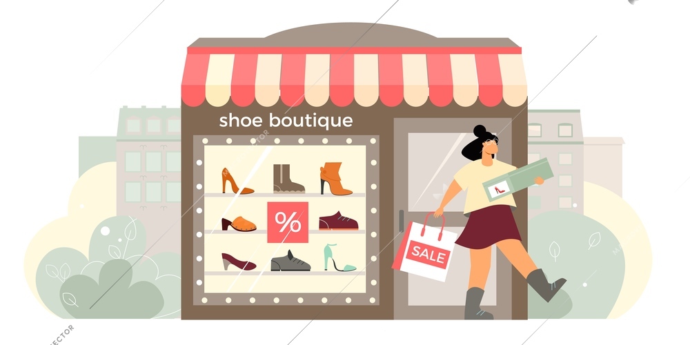 Shoe boutique facade flat composition with shop window display happy customer exits store with shoebox vector illustration