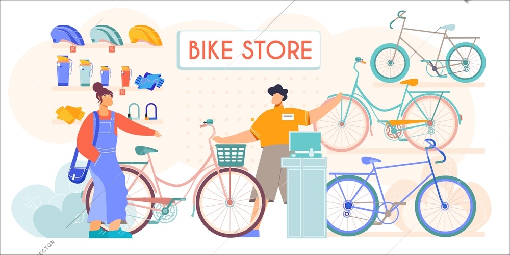 Bicycle store new second hands bikes accessories helmets sale flat composition with salesman assisting customer vector illustration