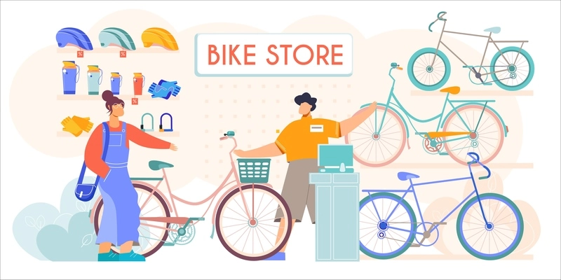 Bicycle store new second hands bikes accessories helmets sale flat composition with salesman assisting customer vector illustration