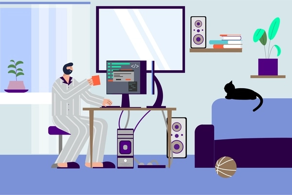 It specialist freelancer flat composition with indoor scenery of programmers living room with pc and cat vector illustration