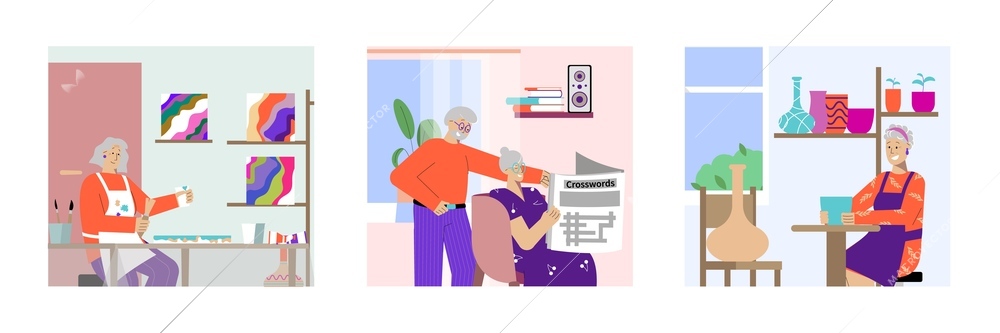 Adult hobby 3 flat compositions with painting reading together couple creating pottery with clay vector illustration