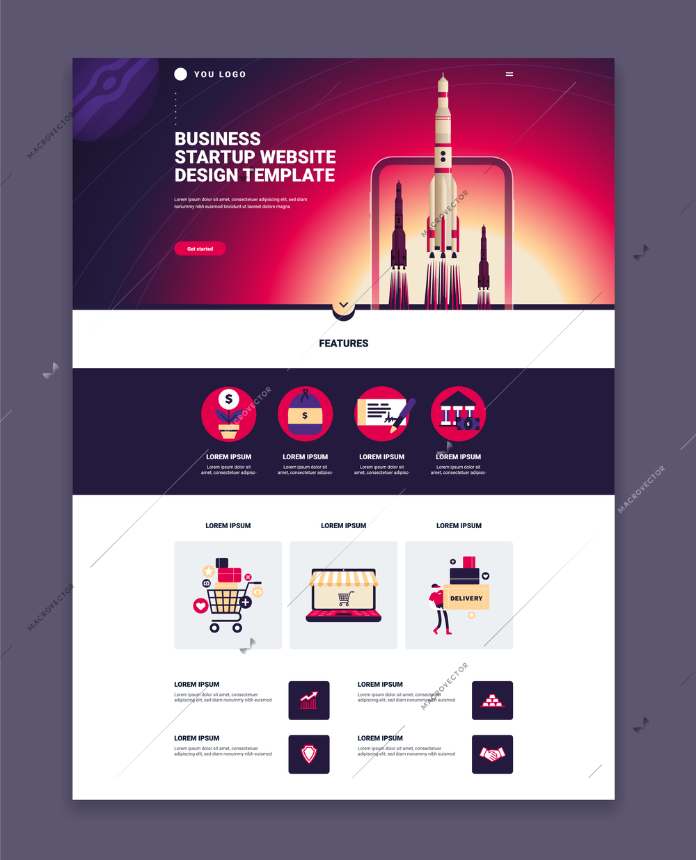 Business website page design template with three launching rockets colorful images and features flat vector illustration