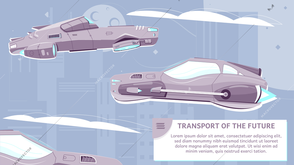 Transport of future flat poster with vehicles of new generation on modern city skyscrapers background vector illustration