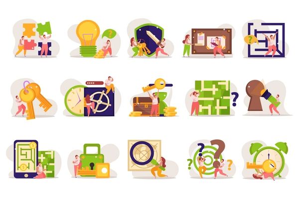 Quest game flat recolor compositions set with doodle human characters and conceptual puzzle gaming pictogram icons vector illustration