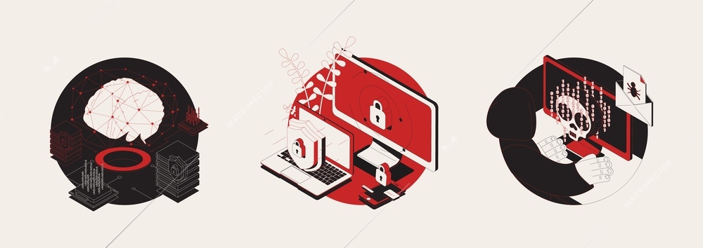 Cyber attack set of three isolated round compositions with isometric images of computer threats and viruses vector illustration