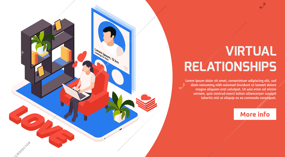 Finding true love online virtual relationship perfect match dating site isometric horizontal website banner vector illustration