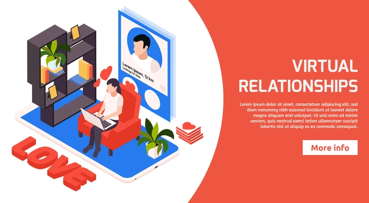 Finding true love online virtual relationship perfect match dating site isometric horizontal website banner vector illustration